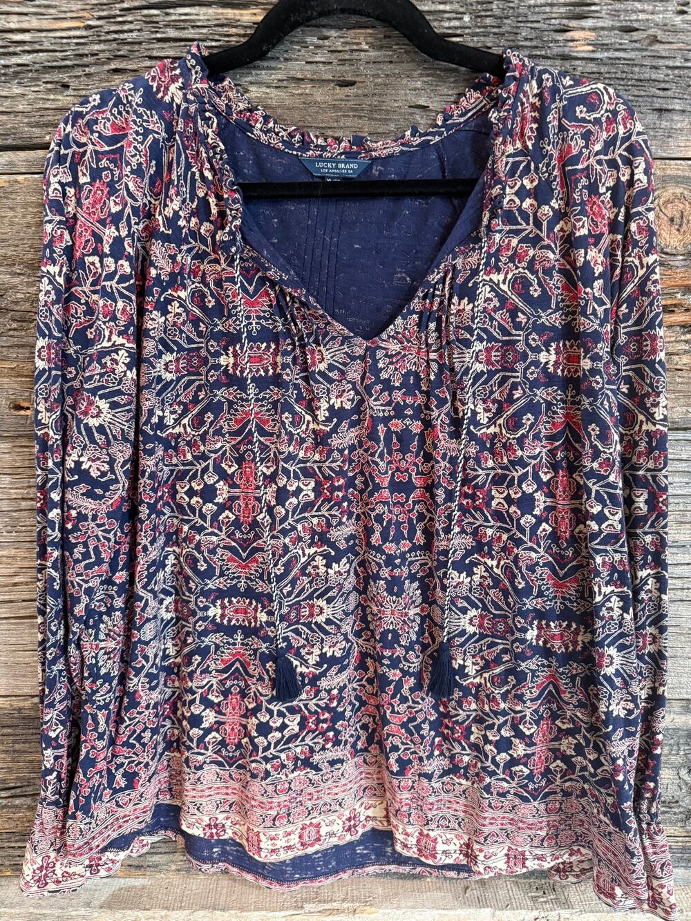 Lucky Brand Women's Paisley Boho Blouse with Tassles and Bell Sleeves XL